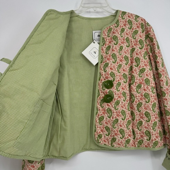 Handmade Women's Jacket Hand Quilted Paisley Green Gingham‎ Trim Button Large - Picture 6 of 10
